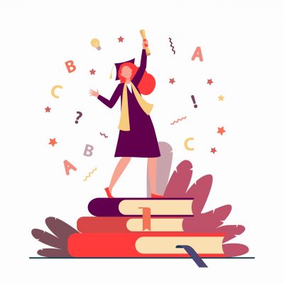 Student celebrating graduation. Girl in gown and cap with diploma dancing on books flat vector illustration. Graduate, education, college concept for banner, website design or landing web page